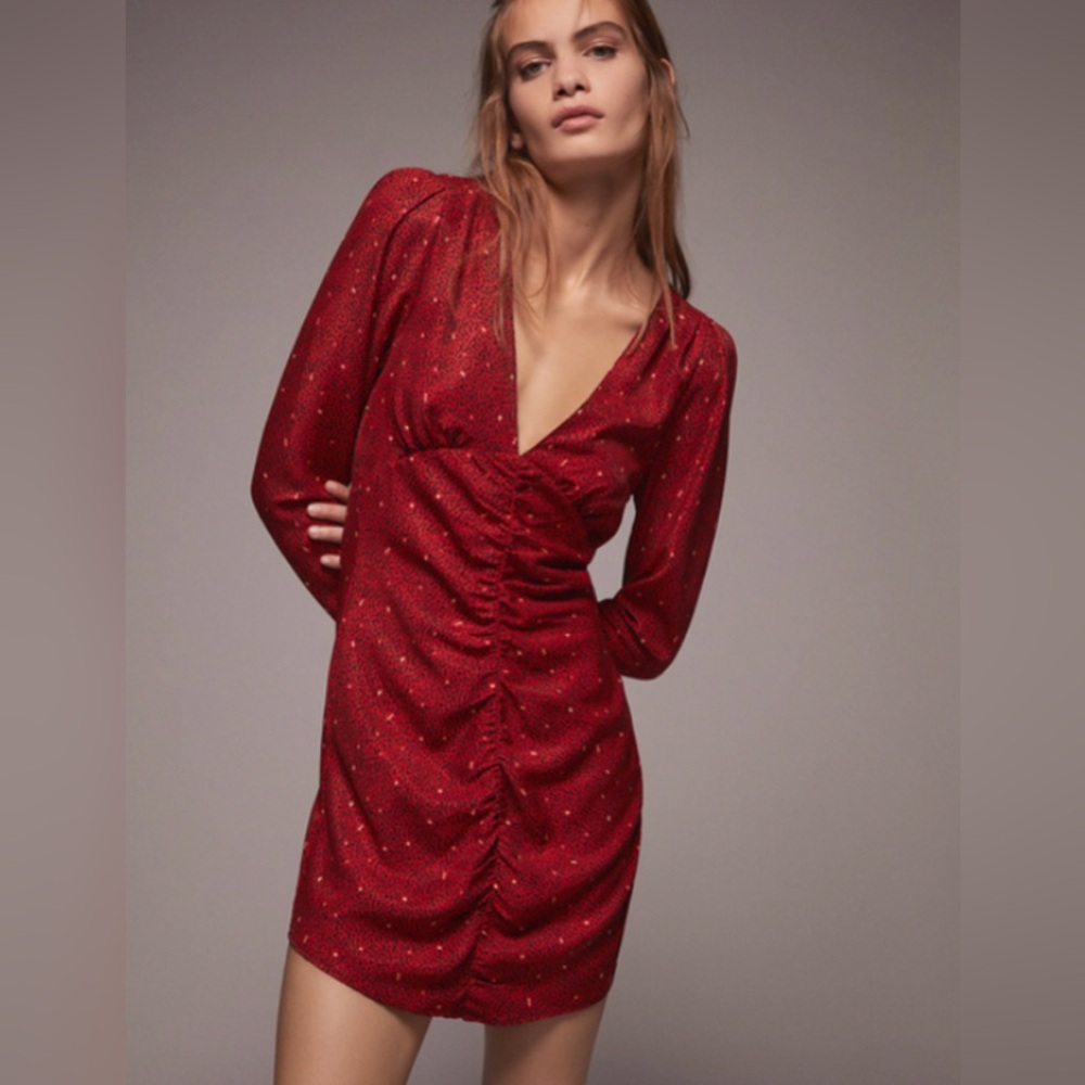 NWTS ZARA Dot Printed Ruched Deep V-Neck
Long Sleeve Mini Dress Red size (S)